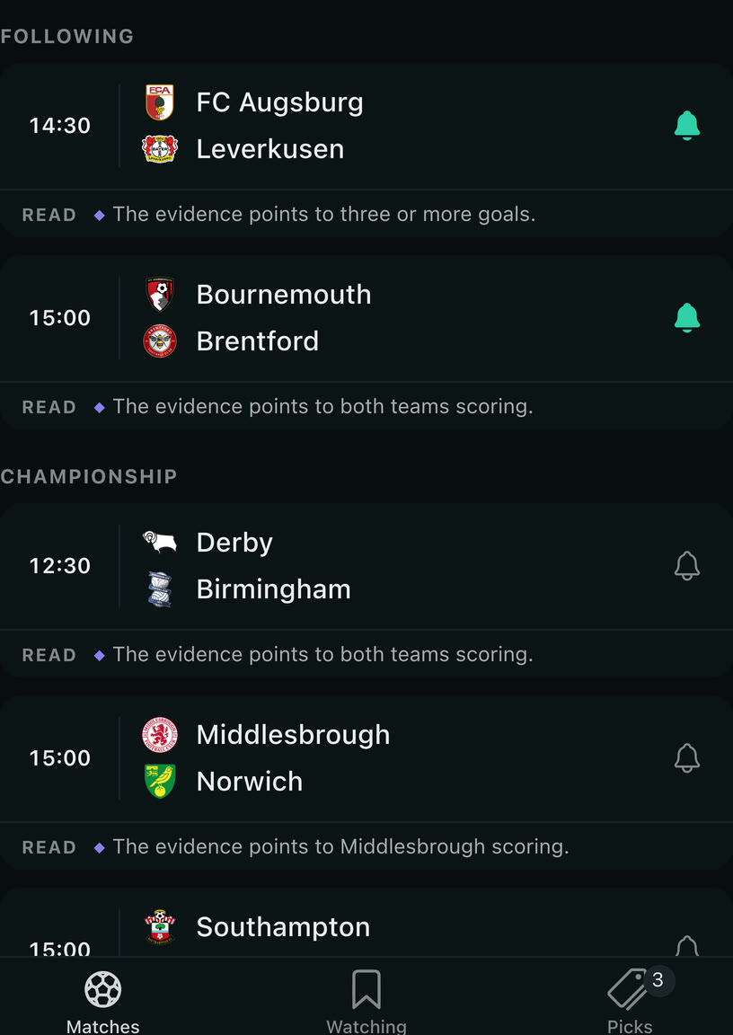 Saturday’s matches screened by headline reads, each with its one-line read